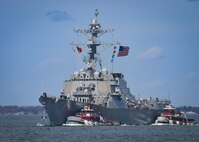 220217-N-OW182-1741 NAVAL STATION NORFOLK (February 17, 2022) The Arleigh Burke-class guided-missile destroyer USS Oscar Austin (DDG 79), returns to port after completion of a successful four-day sea trials (U.S. Navy photo by Mass Communication Specialist 1st Class Jacob Milham/Released)