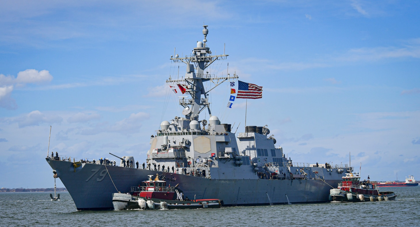 220217-N-OW182-1741 NAVAL STATION NORFOLK (February 17, 2022) The Arleigh Burke-class guided-missile destroyer USS Oscar Austin (DDG 79), returns to port after completion of a successful four-day sea trials (U.S. Navy photo by Mass Communication Specialist 1st Class Jacob Milham/Released)