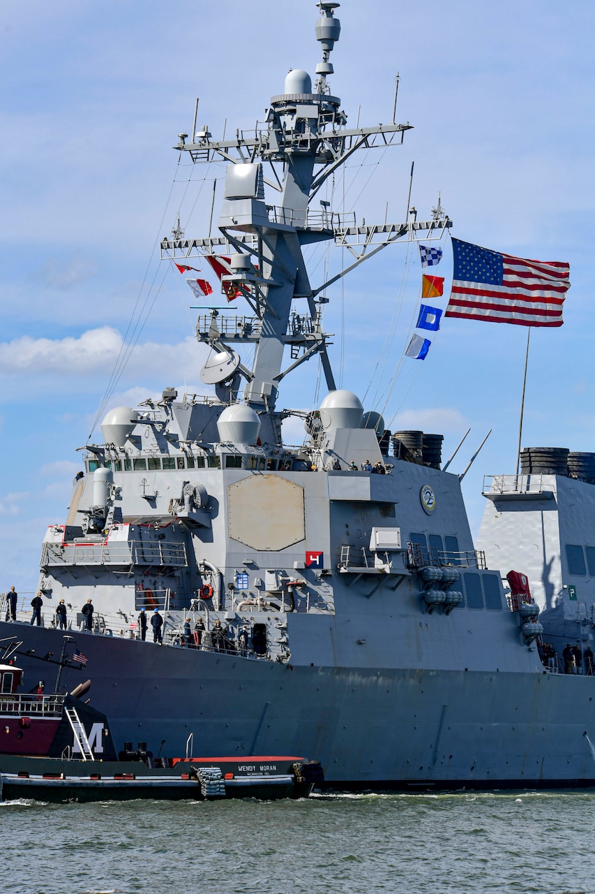 220217-N-OW182-1741 NAVAL STATION NORFOLK (February 17, 2022) The Arleigh Burke-class guided-missile destroyer USS Oscar Austin (DDG 79), returns to port after completion of a successful four-day sea trials (U.S. Navy photo by Mass Communication Specialist 1st Class Jacob Milham/Released)