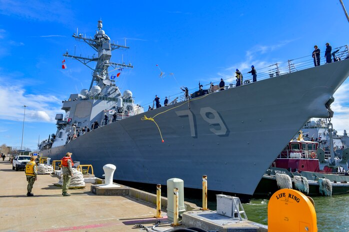 220217-N-OW182-1741 NAVAL STATION NORFOLK (February 17, 2022) The Arleigh Burke-class guided-missile destroyer USS Oscar Austin (DDG 79), returns to port after completion of a successful four-day sea trials (U.S. Navy photo by Mass Communication Specialist 1st Class Jacob Milham/Released)