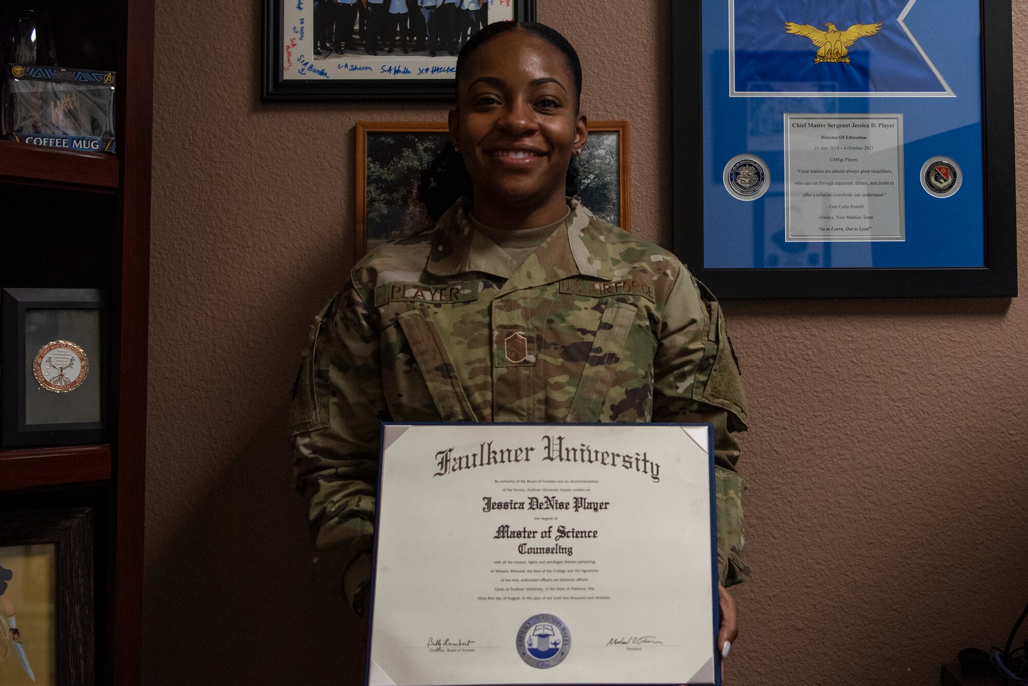 Chief Master Sgt. Jessica Player, 7th Force Support Squadron senior enlisted leader, poses for a photo at Dyess Air Force Base, Texas, Feb. 2, 2022. Player’s goal is to help improve the quality of life for Black Airmen in the Air Force and, as a Chief, she wants to be remembered as a leader who tried. Thank you, CMSgt. Player for being a part of what makes Team Dyess America's LIFT and STRIKE Base! (U.S. Air Force photo by Airman 1st Class Ryan Hayman)