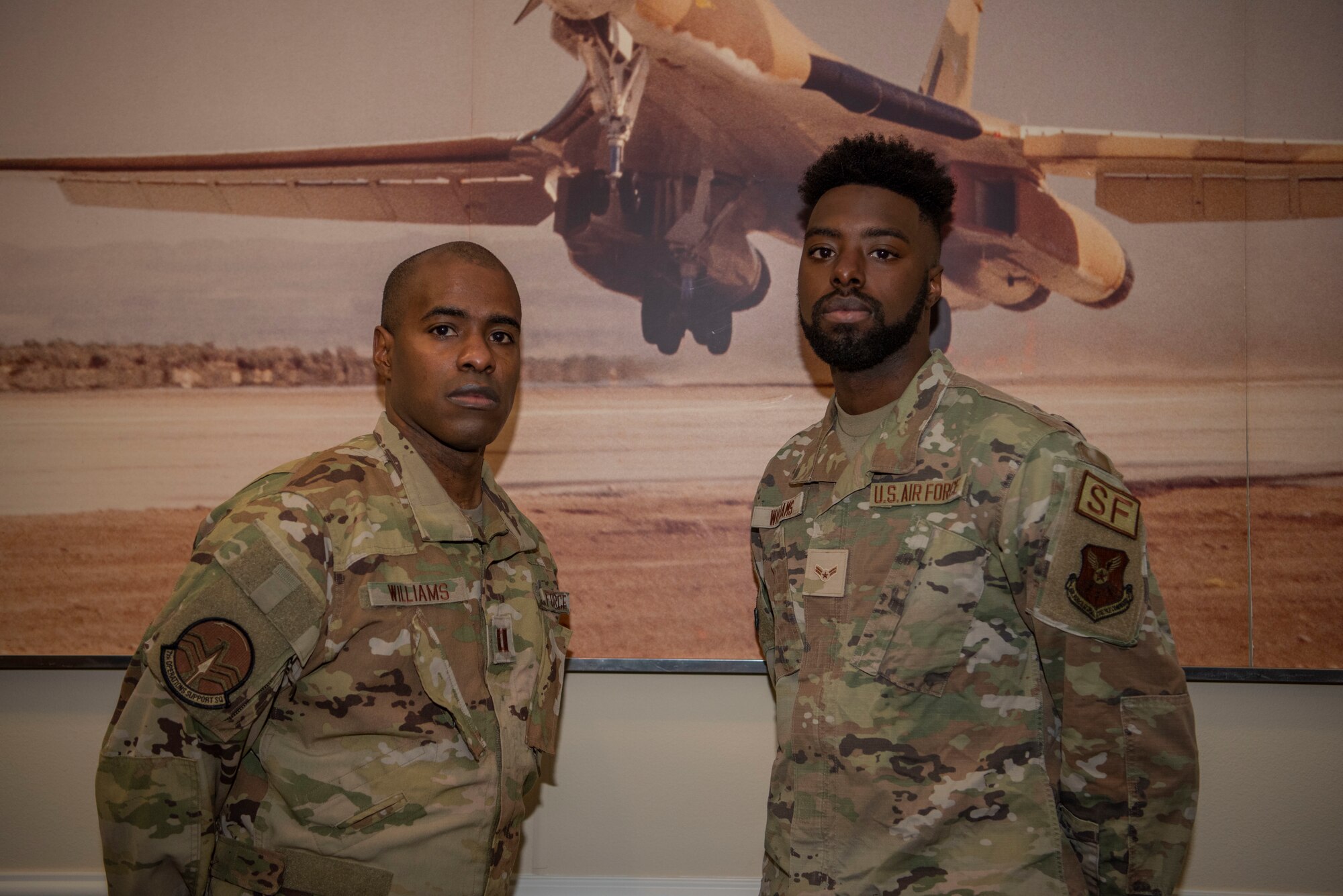 Capt. Jermaine Williams, 7th Operations Support Squadron, weapons and tactics flight commander, and Airman 1st Class Jay Williams, 7th Security Forces Squadron, pose for a photo at Dyess Air Force Base, Texas, Feb. 25, 2022. Capt. Williams has been in the Air Force for 24 years and says that he is glad to be at the same base as his son. Thank you, Capt. and A1C Williams for being a part of what makes Team Dyess America’s LIFT and STRIKE Base! (U.S. Air Force photo by Airman 1st Class Ryan Hayman)