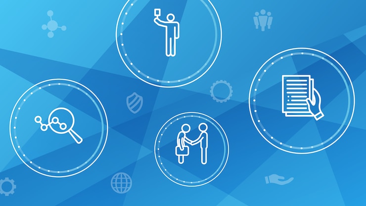 Business concept icons on blue background