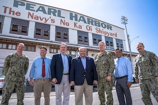 JOINT BASE PEARL HARBOR HICKAM, Hawaii (February 27, 2022) - Secretary of the Navy Carlos Del Toro visits Pearl Harbor Naval Shipyard and Intermediate Maintenance Facility (PHNSY & IMF) to discuss the Shipyard Infrastructure Optimization Program. Left to right: Rear Adm. Dean VanderLey, Commander, NAVFAC Pacific, Mr. Ralph Okimoto-Rivera, Director Radiological Controls, PHNSY & IMF, The Honorable Mr. John P “Sean” Coffey, General Counsel, Department of the Navy, The Honorable Carlos Del Toro, Secretary of the Navy, Capt. Richard Jones, Commander, PHNSY & IMF, Mr. John Ornellas, Senior Executive Service and Nuclear Engineering & Planning Manager, PHNSY & IMF, and Master Chief Charles K. Parsons, Jr., Acting Command Master Chief, PHNSY & IMF. Secretary Del Toro is in Hawaii to meet with families and senior officials and to see first-hand the progress that has been made in restoring and protecting the island’s safe drinking water. (U.S. Navy photo by Dave Amodo/Released)