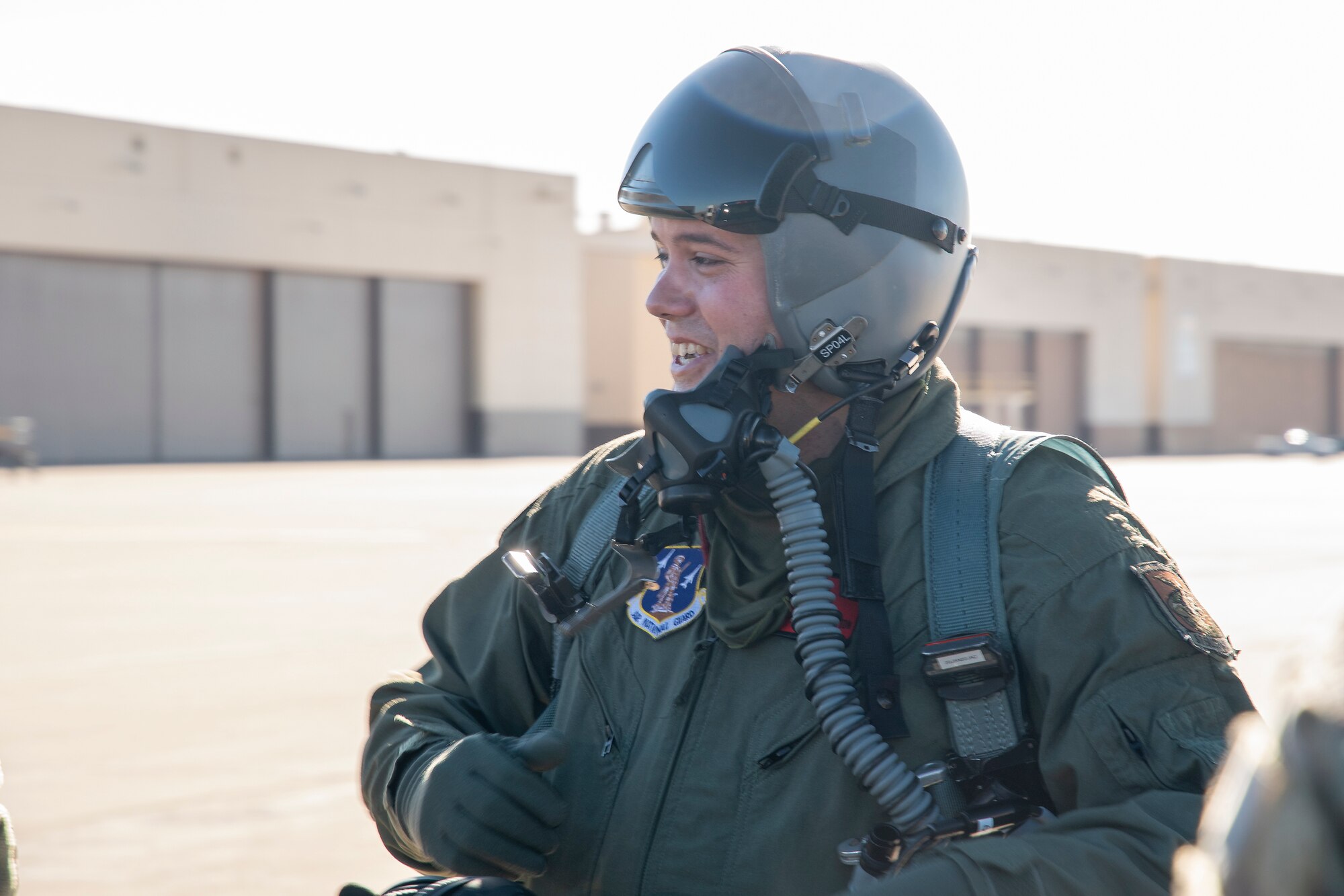Master Sgt. Joshua Upton is all smiles following an incentive flight in a B-2 Spirit stealth bomber at Whiteman Air Force Base, Missouri, Jan 9, 2022. Upton, the wing's Maintainer of the Year, earned his ride in the aircraft due to his exemplary work throughout 2021. (U.S. Air National Guard photo, 131st Bomb Wing Public Affairs)