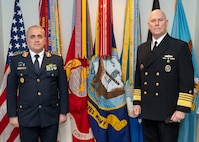 Navy Adm. Christopher W. Grady, vice chairman of the Joint Chiefs of Staff, meets with Republic of North Macedonia’s Chief of the General Staff Lt. Col. General Vasko Gjurchinovski at the Pentagon, Feb. 28, 2022. (DOD Photo by Navy Chief Petty Officer Carlos M. Vazquez II)