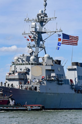 220217-N-OW182-1741 NAVAL STATION NORFOLK (February 17, 2022) The Arleigh Burke-class guided-missile destroyer USS Oscar Austin (DDG 79), returns to port after completion of a successful four-day sea trials (U.S. Navy photo by Mass Communication Specialist 1st Class Jacob Milham/Released)