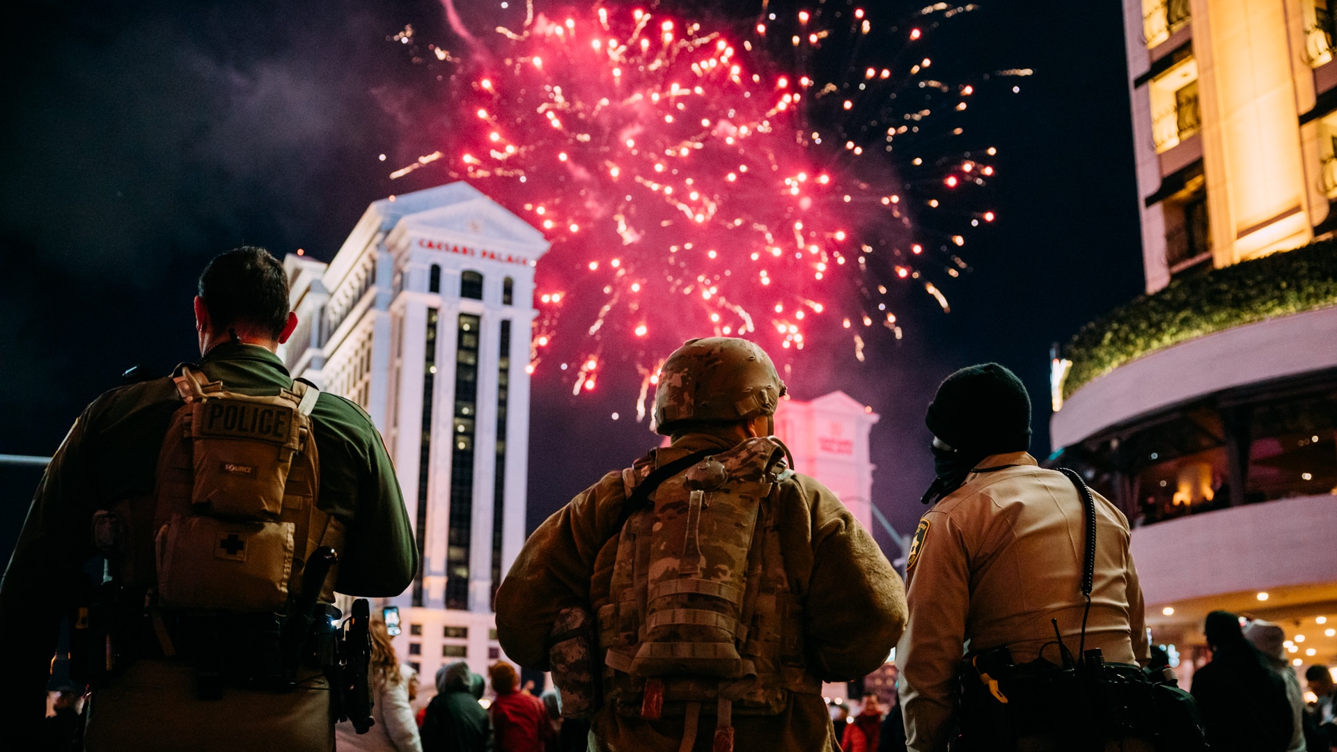 A Nevada National Guard Soldier with the 72nd Military Police Company works with local law enforcement during the fireworks show on the Las Vegas Strip Jan. 1, 2022.