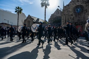 The U.S. Air Force Total Force Band plays in the Tournament of Roses Parade Jan. 1, 2022, in Pasadena, Calif. America’s Air Force participated in America’s New Year Celebration to kickoff 2022 and the yearlong celebration of the 75th anniversary of the Department of the Air Force. (U.S. Air Force photo by Nicholas Pilch)