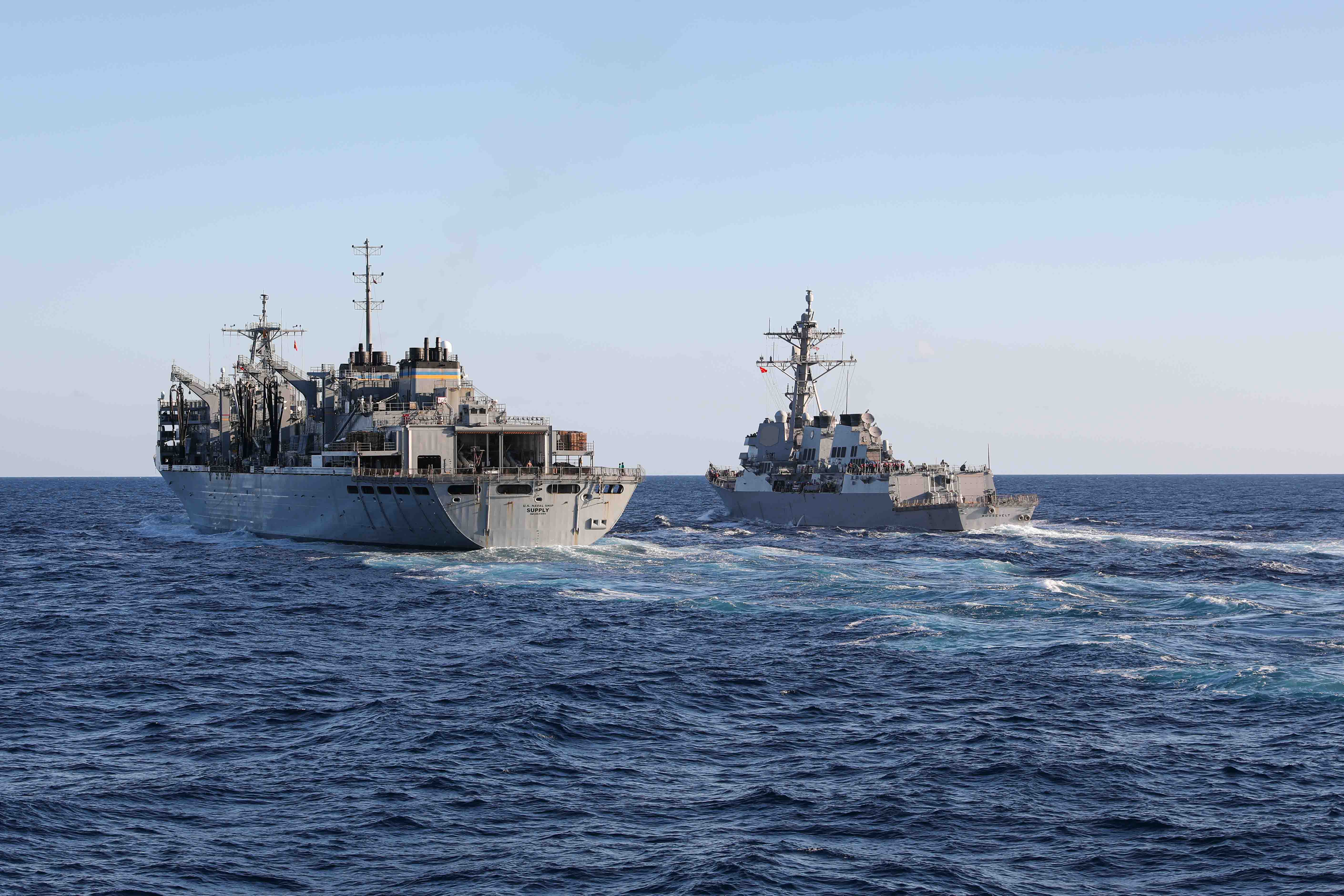 USS Roosevelt (DDG 80), right, approaches the fast combat support ship USNS Supply (T-AOE 6) for a replenishment-at-sea in the Mediterranean Sea, Jan. 2, 2022.