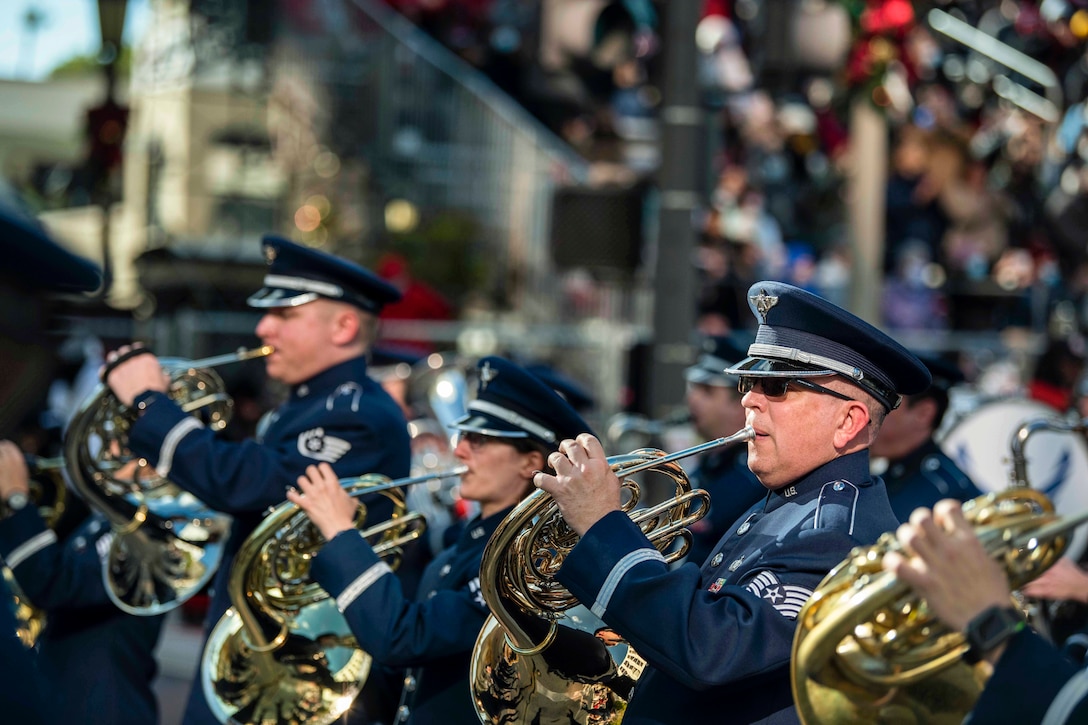 A band performs during a parade.