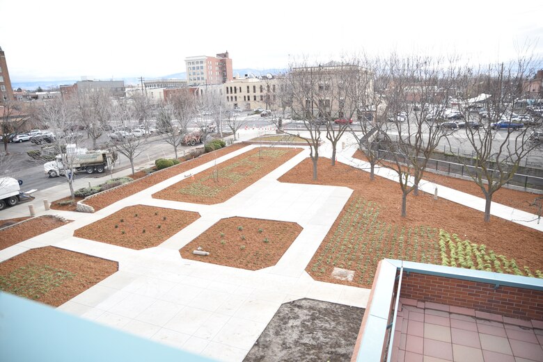 East-West view of walkway and completed landscaping.