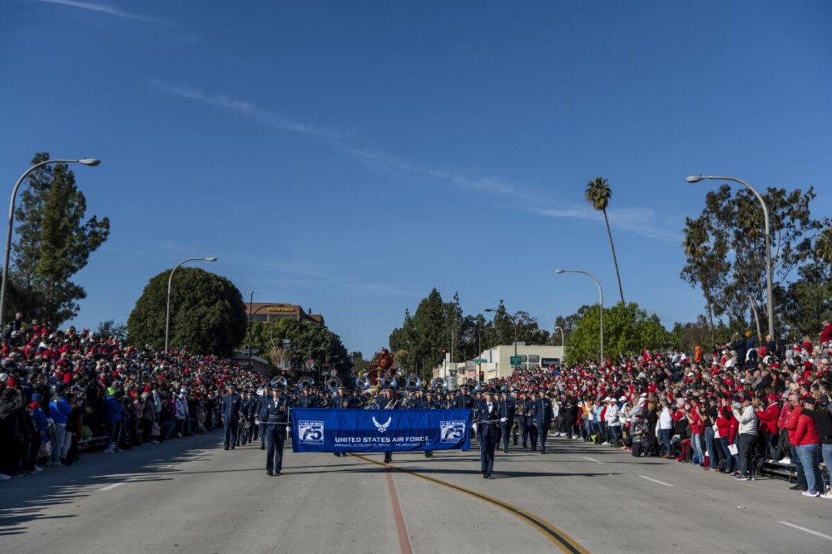 The U.S. Air Force Total Force Band plays in the Tournament of Roses Parade Jan. 1, 2022, in Pasadena, Calif. America’s Air Force participated in America’s New Year Celebration to kickoff 2022 and the yearlong celebration of the 75th anniversary of the Department of the Air Force. (U.S. Air Force photo by Nicholas Pilch)