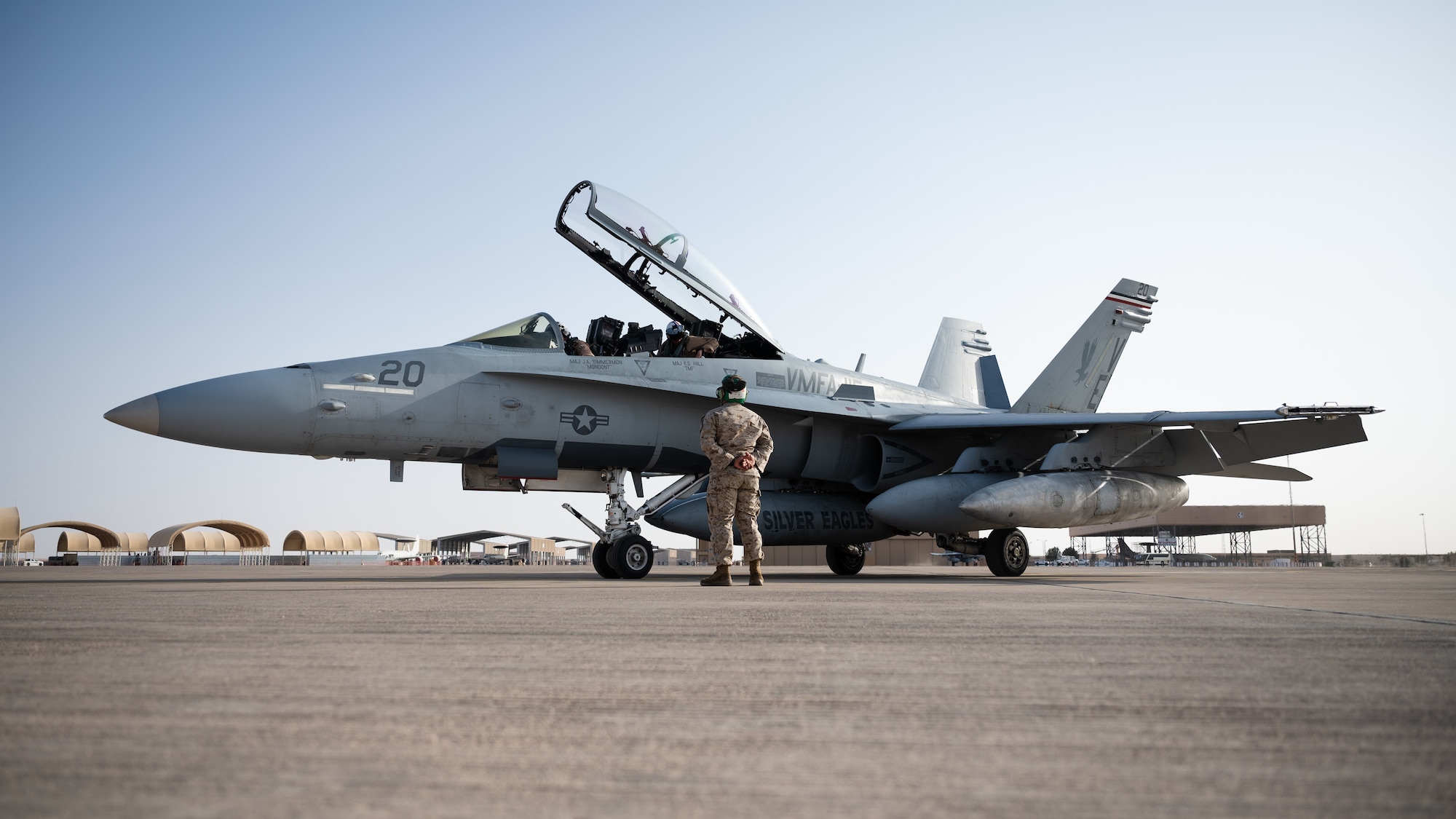 A U.S. Marine F/A-18 Hornet sits on the flight line at Prince Sultan Air Base, Kingdom of Saudi Arabia, Dec. 23, 2021. The arrival of the Marine Fighter Attack Squadron 115 improves the ability of the Combined Forces Air Component Commander to move forces fluidly across the theatre. (U.S. Air Force photo by Senior Airman Jacob B. Wrightsman)