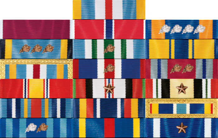 A depiction of a military ribbon rack.