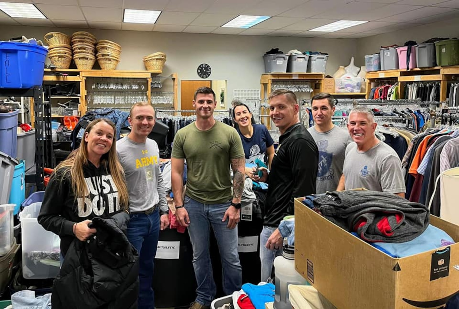 Members of the 1st Battalion, 179th Infantry Regiment, 45th Infantry Brigade Combat Team, pose for a photo while volunteering at a local charity in Edmond, Oklahoma. (Photo provided by 1st Battalion, 179th Infantry Regiment)