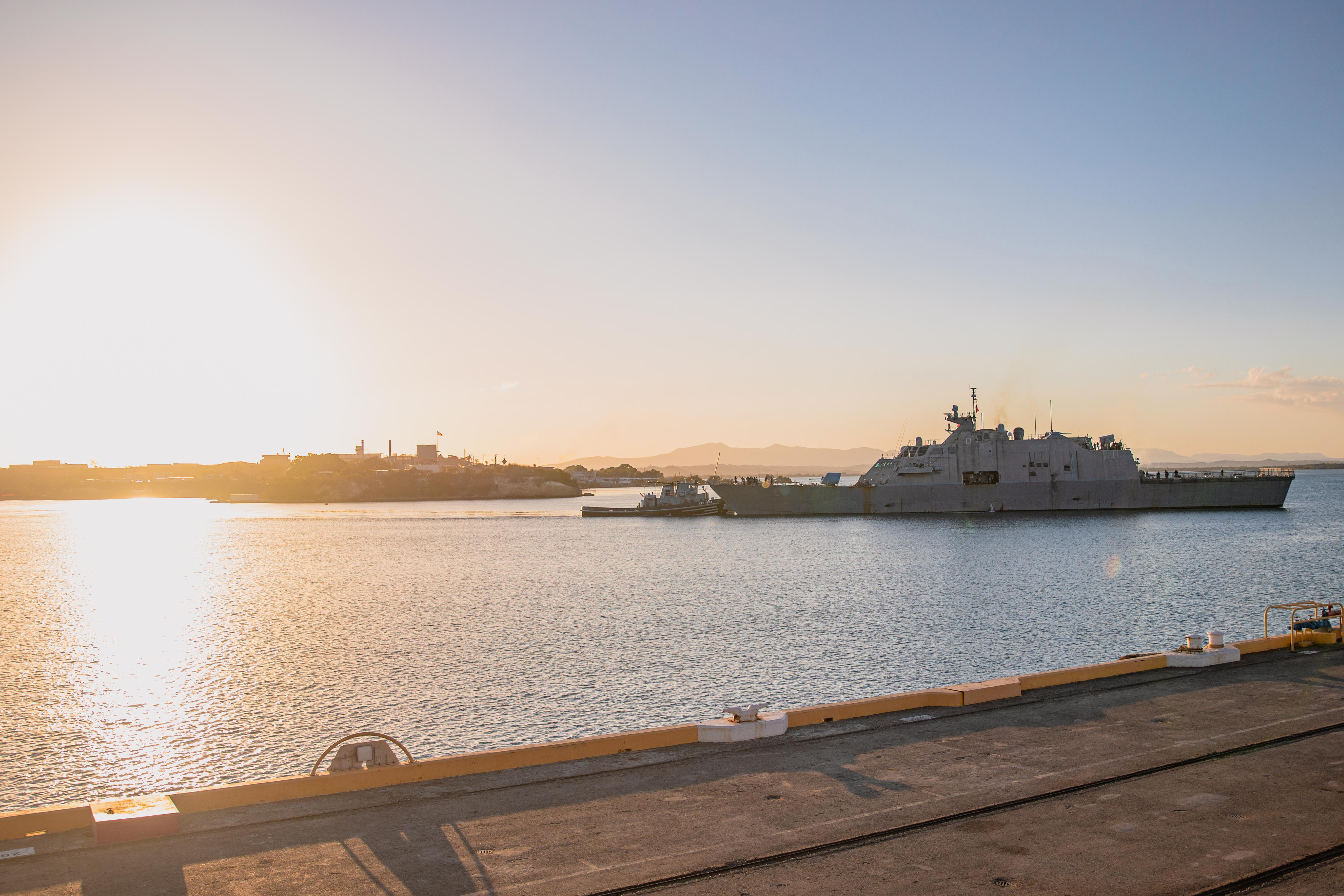 The Freedom-variant littoral combat ship USS Milwaukee (LCS 5) departs Naval Station Guantanamo Bay, Jan. 3, 2022.