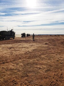 High-mobility artillery rocket system (HIMARS) launchers from the Colorado Army National Guard move to their next training destination at Fort Bliss, Texas, Dec. 16, 2021. Ten Wisconsin Army National Guard Soldiers are deploying overseas with the Colorado National Guard’s 3rd Battalion, 157th Field Artillery in support of Operation Spartan Shield.