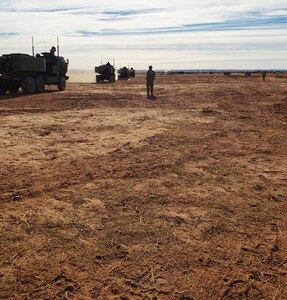 High-mobility artillery rocket system (HIMARS) launchers from the Colorado Army National Guard move to their next training destination at Fort Bliss, Texas, Dec. 16, 2021. Ten Wisconsin Army National Guard Soldiers are deploying overseas with the Colorado National Guard’s 3rd Battalion, 157th Field Artillery, in support of Operation Spartan Shield.