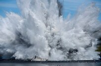 The Unmanned Influence Sweep System (UISS) undergoes an underwater explosion shock test at the Aberdeen Proving Grounds, Md., by the Aberdeen Test Center and Naval Surface Warfare Center Carderock. The shock trials are key for testing the survivability of UISS, a component of the Navy’s suite of mine countermeasure technologies, and its ability to execute its mission in hazardous environments. (U.S. Navy/Released)