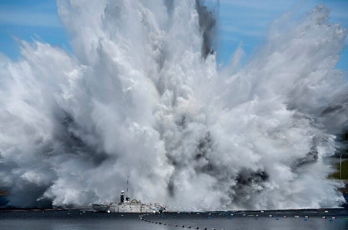 The Unmanned Influence Sweep System (UISS) undergoes an underwater explosion shock test at the Aberdeen Proving Grounds, Md., by the Aberdeen Test Center and Naval Surface Warfare Center Carderock. The shock trials are key for testing the survivability of UISS, a component of the Navy’s suite of mine countermeasure technologies, and its ability to execute its mission in hazardous environments. (U.S. Navy/Released)