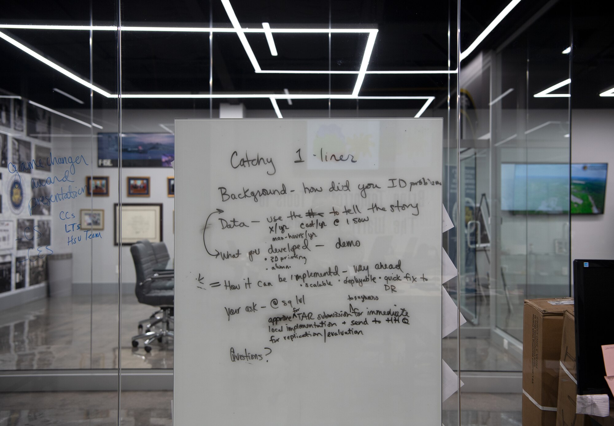 Students create a problem-solution proposal template during a class at the HSU Innovation Institute near Hurlburt Field, Florida, July 19, 2021. The purpose of the template is to promote a culture of problem solving and critical thinking where Airmen can collaborate with team members to come up with solutions to problems within their unit using resources from the HSU Innovation Institute. (U.S. Air Force photo by Staff Sgt. Sara Voigt)