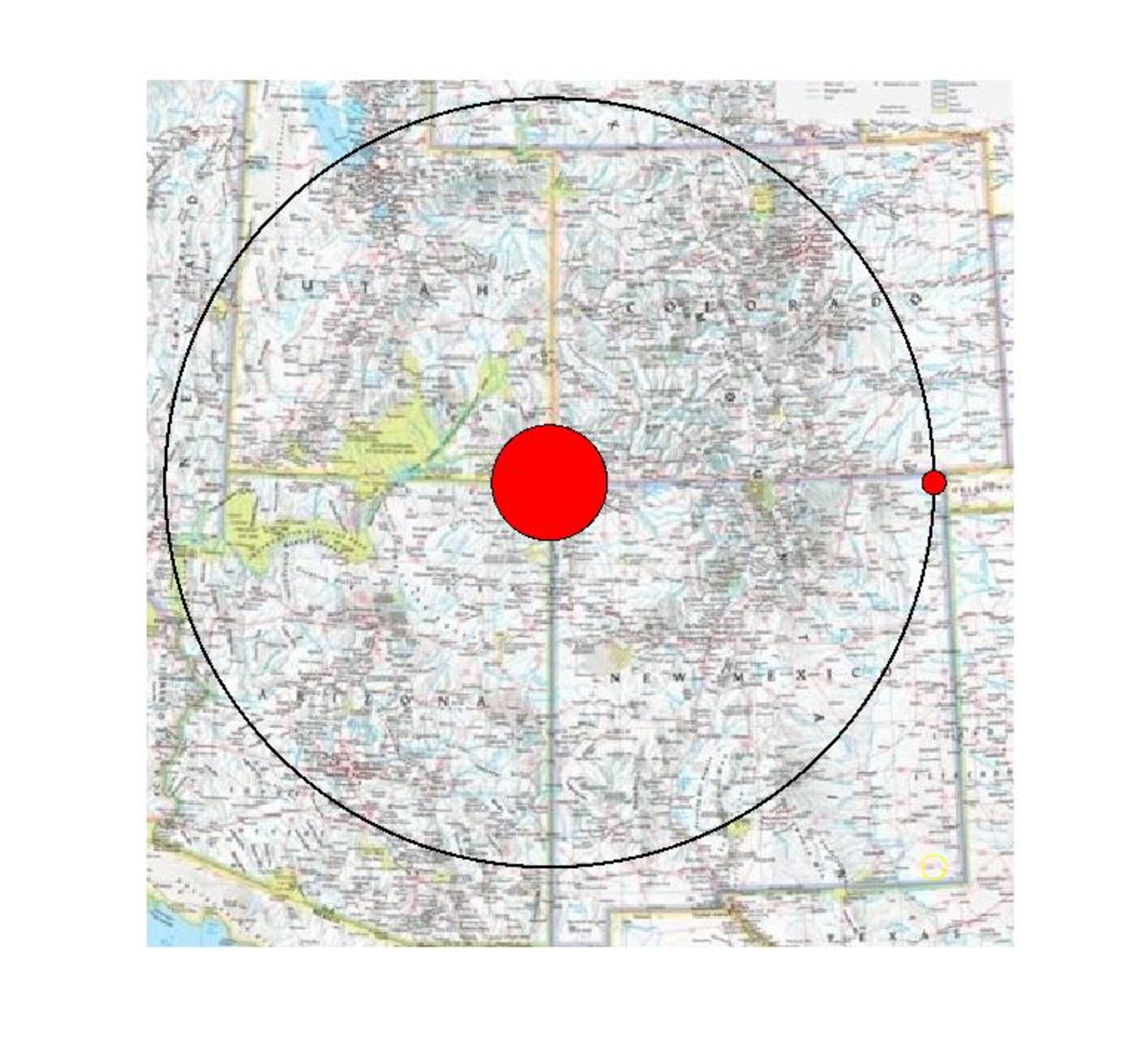 The Kalliope asteroid (large red dot), and it's satellite Linus (small dot), and Linus’ orbit are shown over the Four Corners region of the Southwest United States. The Air Force Research Laboratory recorded an image of Kalliope and  Linus, using AFRL’s1.5 meter telescope on November 29, 2021.  (US Air Force Drawing/Jack Drummond)