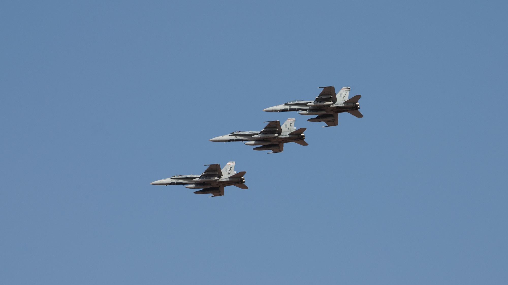 U.S. Marine F/A-18 Hornets from the Marine Fighter Attack Squadron 115 fly over Prince Sultan Air Base, Kingdom of Saudi Arabia, Dec. 23, 2021. The arrival of the Marine Fighter Attack Squadron 115 improves the ability of the Combined Forces Air Component Commander to move forces fluidly across the theatre. (U.S. Air Force photo by Senior Airman Jacob B. Wrightsman)
