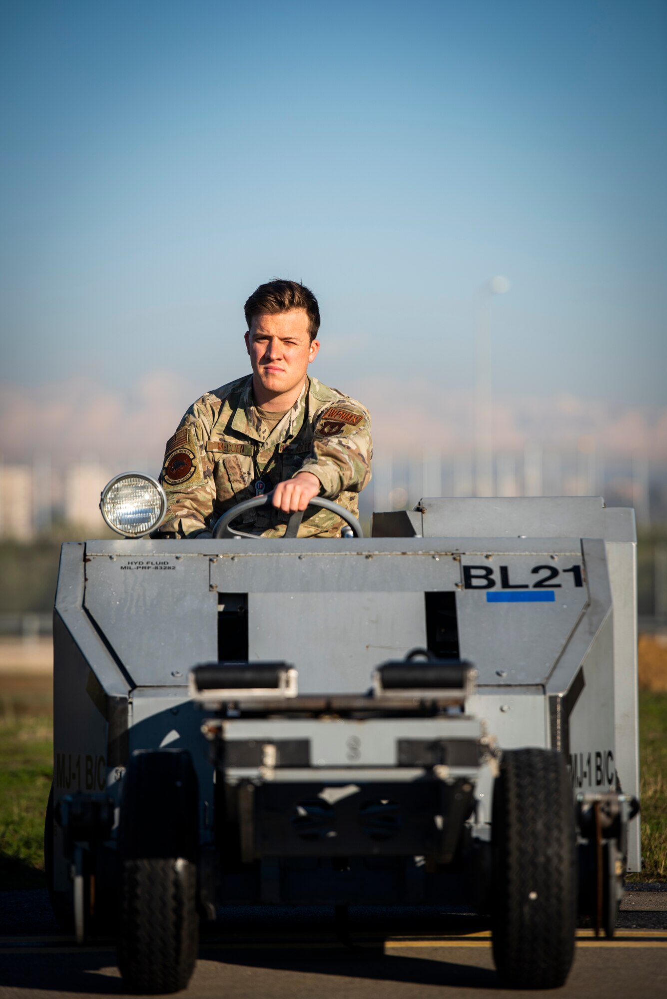 Senior Airman Weston McCuen, a special weapons technician assigned to the 39th Maintenance Squadron, operates an MJ-1 standard lift truck at Incirlik Air Base, Turkey, Dec. 21, 2021.