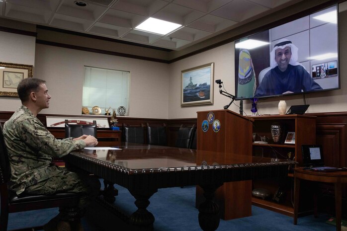 Vice Adm. Brad Cooper, commander of U.S. Naval Forces Central Command (NAVCENT), U.S. 5th Fleet and Combined Maritime Forces, speaks with Gulf Cooperation Council (GCC) Secretary General H. E. Dr. Nayef Falah M. Al-Hajraf during a video call, Jan. 4, reaffirming the U.S. Navy's strong partnership with the six GCC member-nations that border the Arabian Gulf.