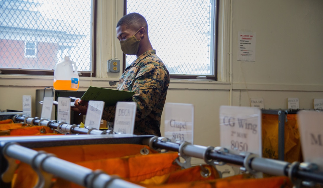 U.S. Marine Corps Lance Cpl. Canmujomue Lamadine, a postal clerk at Marine Corps Air Station (MCAS) Cherry Point, organizes mail to ensure proper delivery at the Postal Affairs office, MCAS Cherry Point, North Carolina, Dec. 21, 2021. The military postal clerk's goal is to provide service members around the nation, and here at Cherry Point, with reliable, affordable, universal mail service.