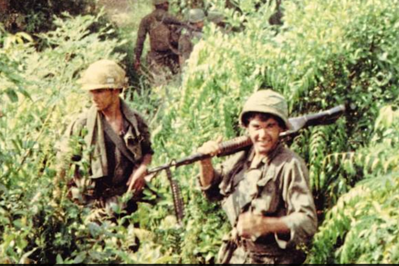 Soldiers move through jungle terrain.