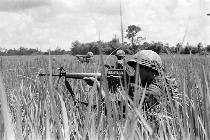 Soldiers walk through tall grass while aiming their rifles.