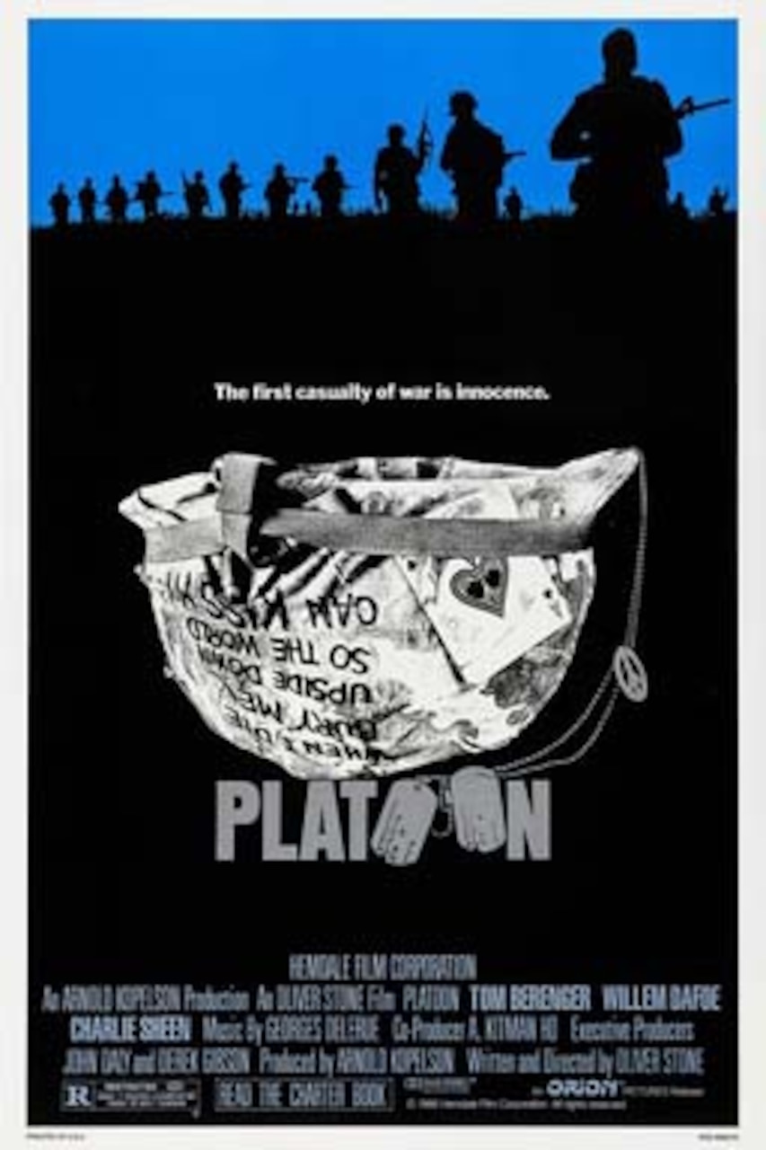 A movie poster for "Platoon" shows an upturned helmet in the center with silhouettes of soldiers in the field above it.