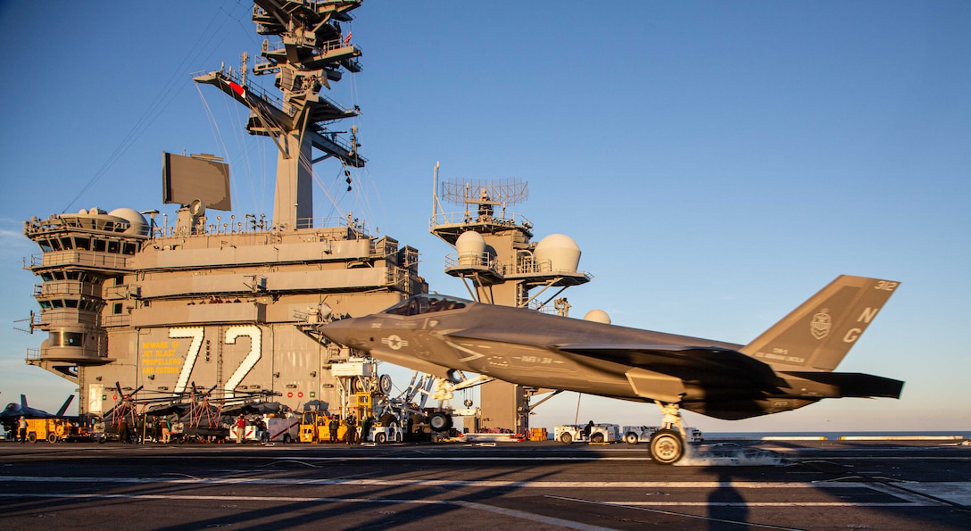 F-35C Lightning II, assigned to Marine Fighter Attack Squadron 314, arrive aboard the USS Abraham Lincoln as they prepare to deploy alongside the Navy as an integrated part of Carrier Strike Group 3. The Abraham Lincoln Carrier Strike Group, led by Carrier Strike Group 3, deployed from San Diego, Jan. 3, in support of global maritime security operations. An integral part of U.S. Pacific Fleet, U.S. 3rd Fleet operates naval forces in the Indo-Pacific and provides the realistic, relevant training necessary to flawlessly execute our Navy's role across the full spectrum of military operations-from combat operations to humanitarian assistance and disaster relief. U.S. 3rd Fleet works together with our allies and partners to advance freedom of navigation, the rule of law, and other principles that underpin security for the Indo-Pacific region.