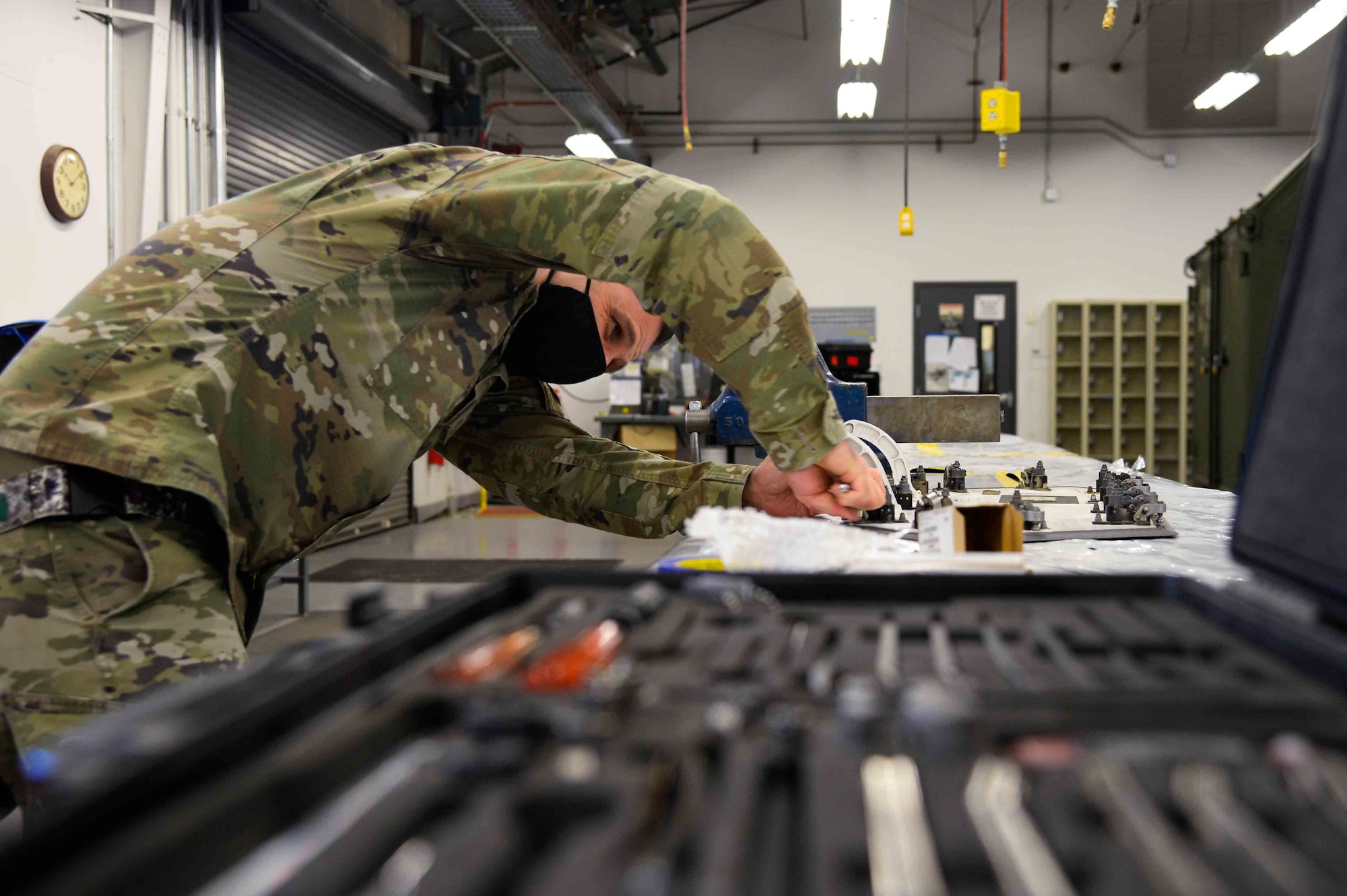 U.S. Air Force Staff Sgt. Matthew Hicks, 419th Maintenance Squadron low observable craftsman, conducts maintenance on an F-35A Lightning II panel Dec. 8, 2021 at Hill Air Force Base, Utah