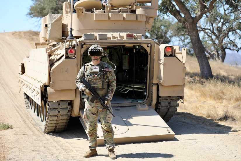 3rd Infantry Division Soldier participates in Bradley Vehicle Excursion 3 test event with the Integrated Visual Augmentation System (IVAS) prototype Capability Set 4 at Camp Roberts, Ca in September 2021.