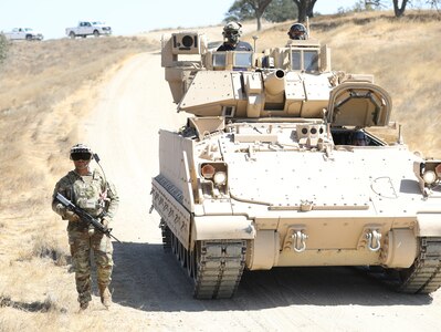 3rd Infantry Division Soldiers participate in Bradley Vehicle Excursion 3 test event with the Integrated Visual Augmentation System (IVAS) prototype Capability Set 4 at Camp Roberts, Ca in September 2021.