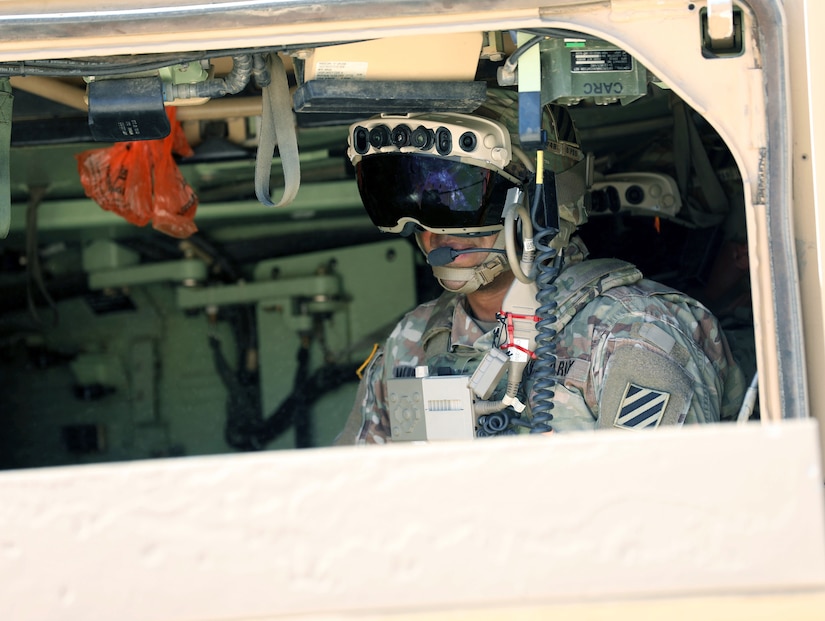 3rd Infantry Division Soldiers participate in Bradley Vehicle Excursion 3 test event with the Integrated Visual Augmentation System (IVAS) prototype Capability Set 4 at Camp Roberts, Ca in September 2021.