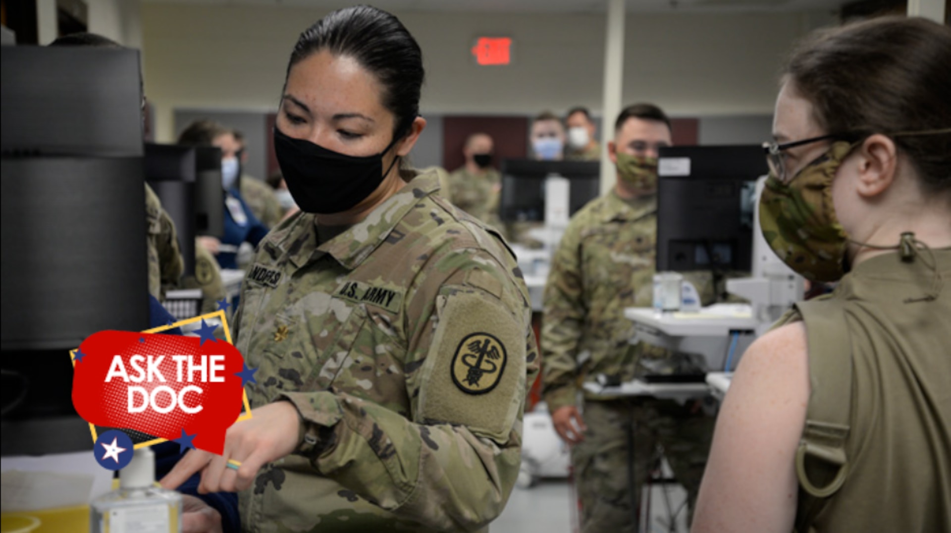 Army Maj. Cynthia Anderson, chief nursing information officer for General Leonard Wood Army Community Hospital, oversees the in-processing of trainees into MHS GENESIS, April 24, 2021 (Chad Ashe, General Leonard Wood Army Community Hospital).