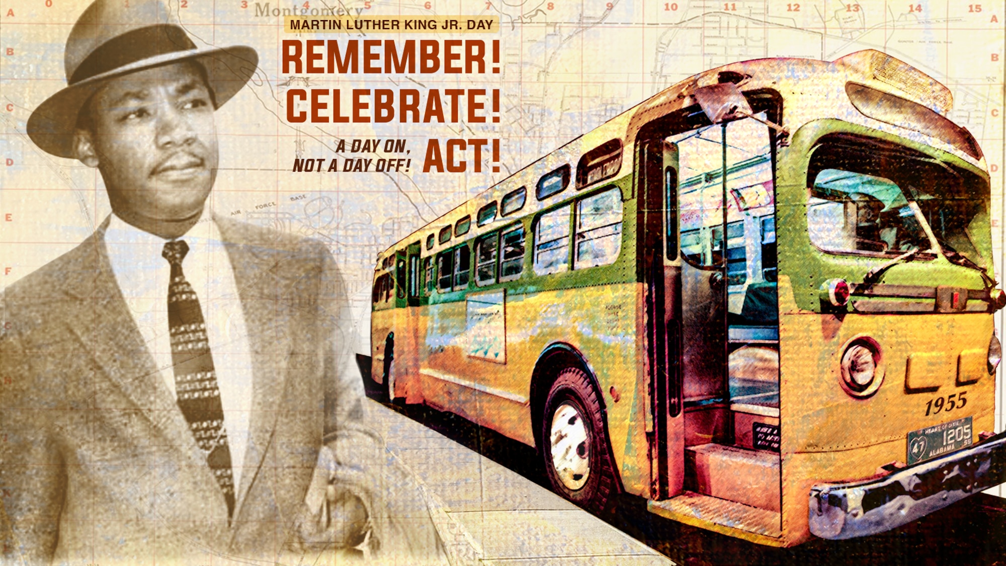 Dr. Martin Luther King Jr. Day is recognized annually and always presents the theme — “Remember! Celebrate! Act!- A Day On, Not A Day Off!” On Dec. 1, 1955 Rosa Parks, a Black seamstress, was arrested in Montgomery, Alabama, for refusing to give up her seat in the designated “white” section on a public transportation bus. Her arrest sparked the Montgomery Bus Boycott, during which the Black citizens of Montgomery refused to ride the city’s
buses in protest over the bus system’s policy of racial segregation. Martin Luther King, Jr., a Baptist
minister who endorsed nonviolent civil disobedience, emerged as leader of the Boycott. Successful resolution was achieved after 381 days when the Supreme Court ruled in Nov. 1956 that segregation on public buses was unconstitutional. The 2022 poster is a historical collection of imagery reflecting this critical moment in our nation’s past. (DOD graphic by the Defense Equal Opportunity Management Institute)