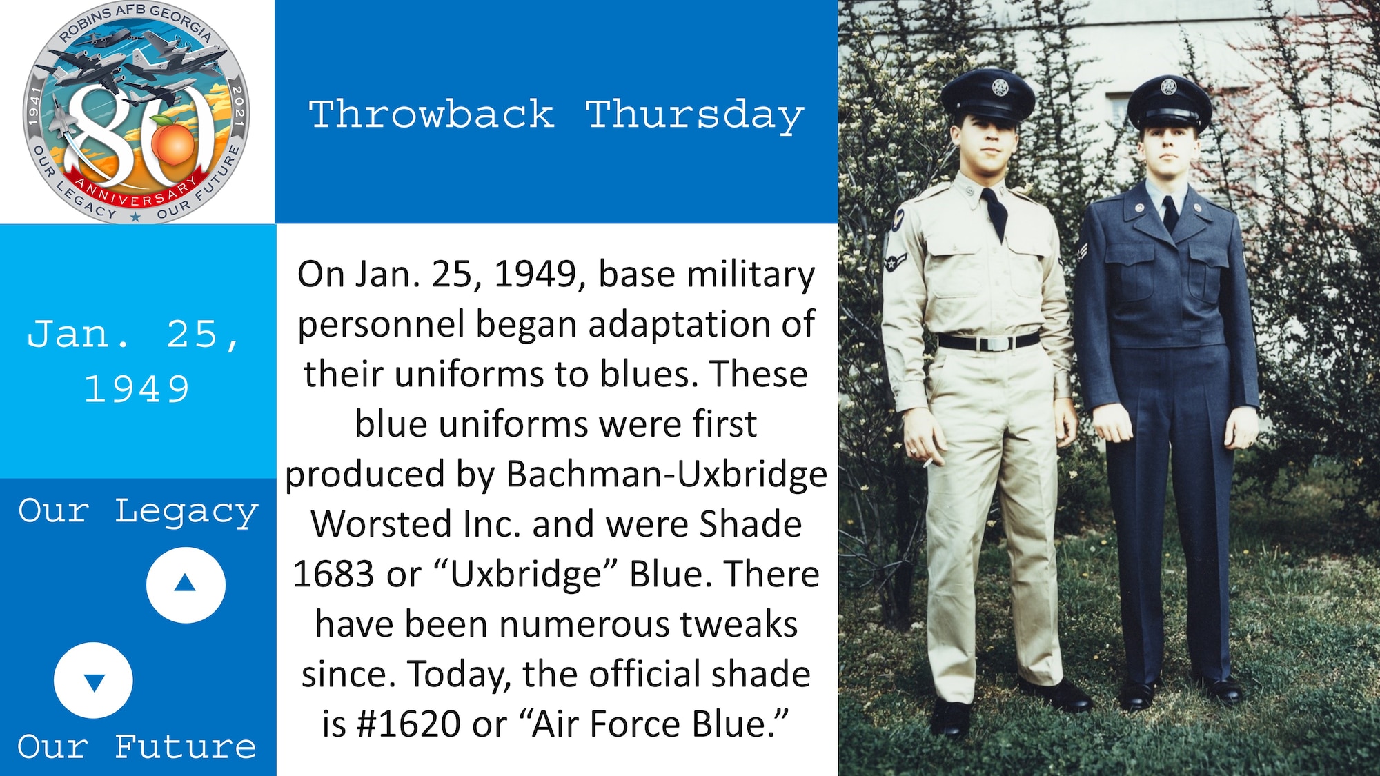 Graphic shows two men standing in uniform next to throwback Thursday fact.