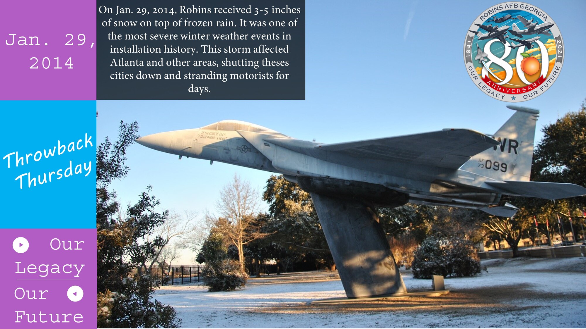 Graphic shows snow and ice covered static aircraft next to Throwback Thursday fact.