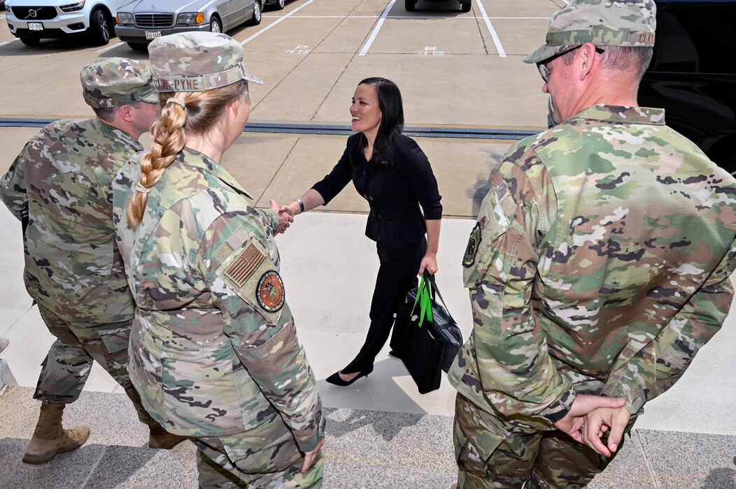Under Secretary of the Air Force Gina Ortiz Jones greets staff members
