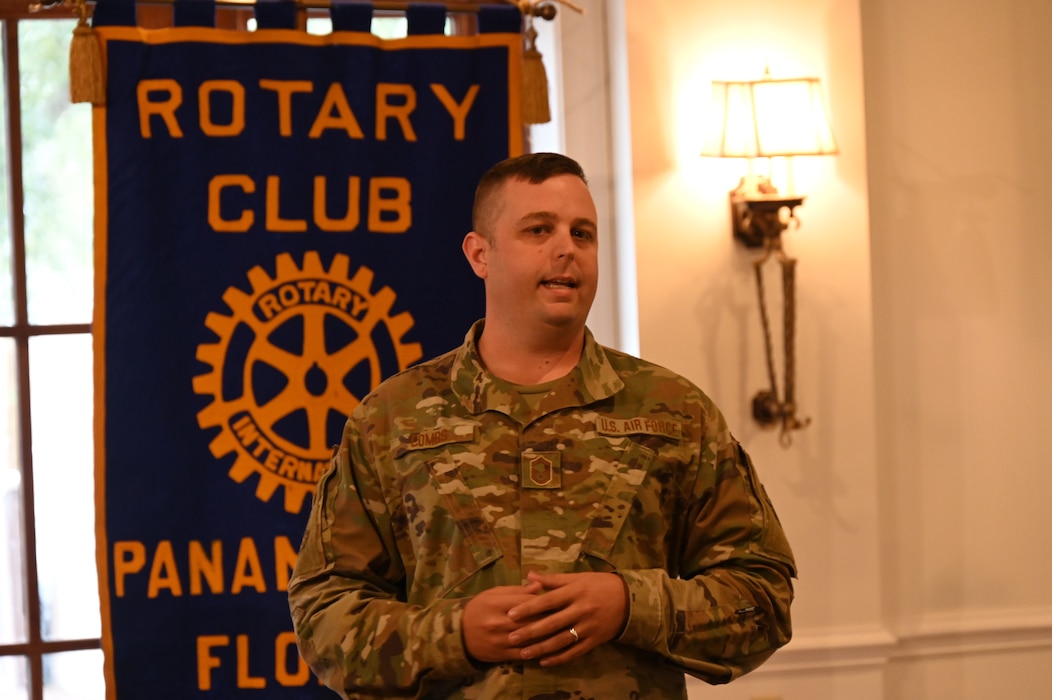 Senior Master Sgt. William Combs, senior enlisted leader with the Continental U.S. NORAD Region-1st Air Force (Air Forces Northern) A1 personnel directorate, spoke to members of the Panama City Rotary Club at their weekly meeting Tuesday, and shared with them select highlights from 1AF's extraordinary year, which included the second-busiest year in the 49-year history of its support to Wildland Fire Fighting, and one of the busiest years in the 47-year history of its Air Force Rescue Coordination Center (AFRCC), which coordinated nearly 600 missions saving 332 lives.