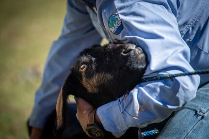 A member of the Guatemalan Ministry of Agriculture holds onto a goat on a family’s farm in the Chiantla region of Guatemala, Dec. 14, 2021.