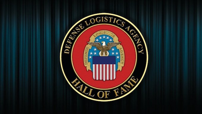 A DLA emblem wreathed with the words "Defense Logistics Agency Hall of Fame" on an abstract background