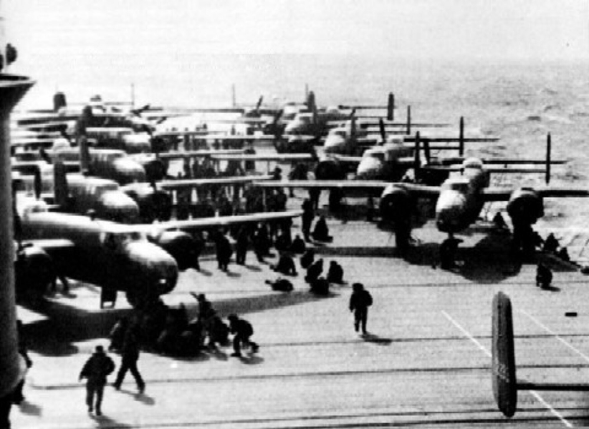 In preparation for the famous Doolittle Raid, B-25B Mitchell bombers are positioned on the flight deck of an aircraft carrier.  Members of the 17th Bombardment Group conducted the Doolittle Raid on April 18, 1942.  It was a retaliatory response attack for Japan’s attack on Pearl Harbor on Dec. 7, 1941.  The 17th Training Wing, headquartered at Goodfellow AFB, was activated in 1993 to honor the legacy of this legendary unit. (Courtesy photo)