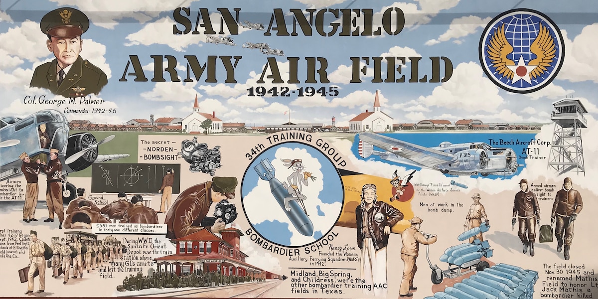 The San Angelo Army Air Field mural in downtown San Angelo, Texas.  The mural highlights key moments and noteworthy individuals who are a part of the legacy and history of Goodfellow AFB.  (Courtesy photo)