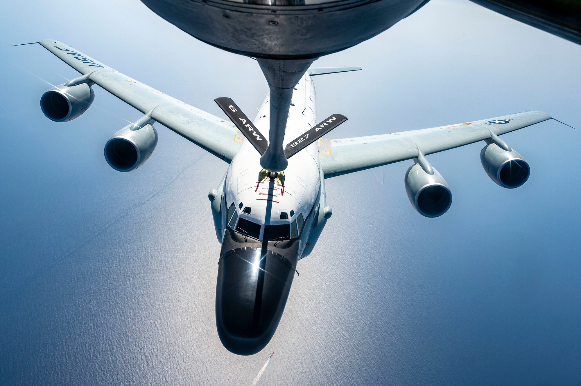 A U.S. Air Force RC-135 Rivet Joint assigned to the 763rd Expeditionary Reconnaissance Squadron is refueled
